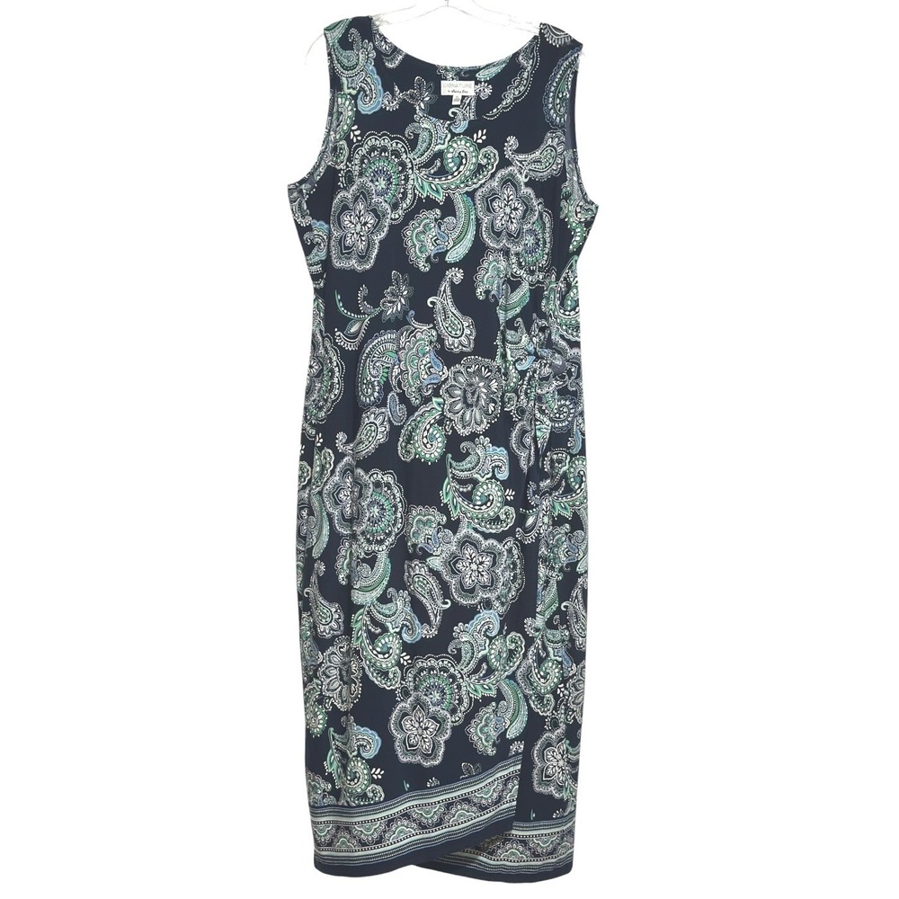 Signature by Robbie Bee Faux Wrap Dress Women Navy Paisley Sleeveless Travel XL